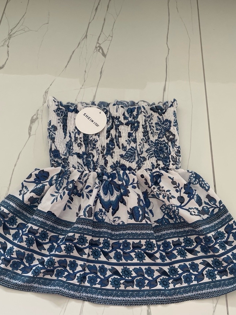SHEIN White and Blue Floral Smocked Tube Dress for Kids